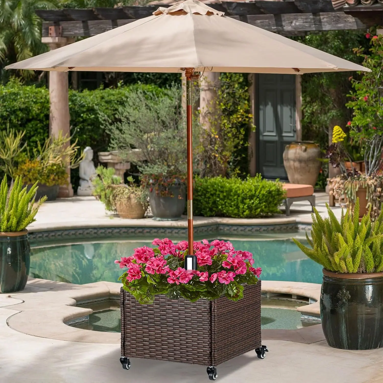 Outdoor Umbrella Base with Fillable Planter Box Heavy Duty Patio Umbrella Stand with 4 Wheels Rolling Umbrella Holder fo