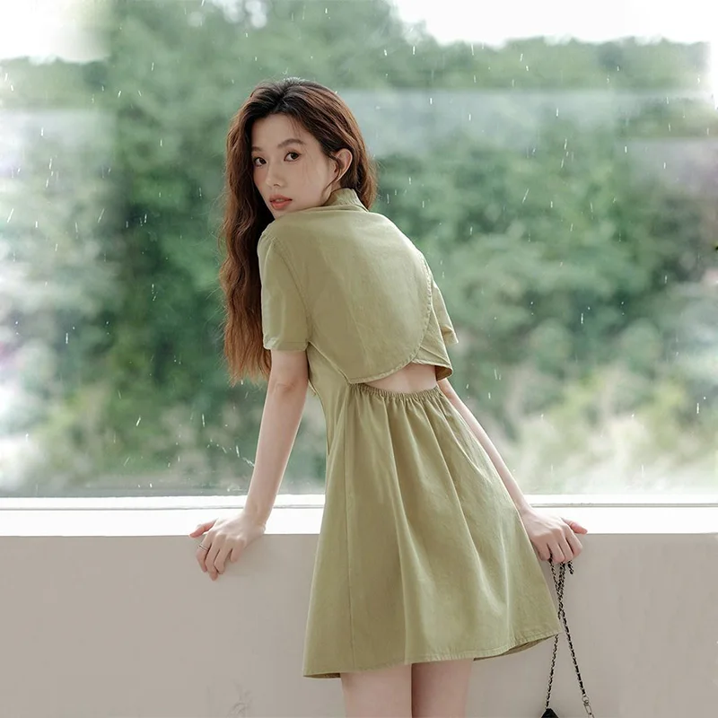 Short Stature Dress for Women's Summer 2024 Korean Version New Dress with a Slim Waist Design and Short Sleeved Shirt Skirt