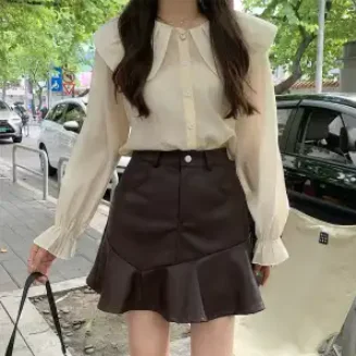 Rok Kulit PU Pinggang Tinggi Seksi Wanita Pakaian Wanita Rok A-Line Bungkus Pinggul Asimetris Fashion Baru Musim Panas untuk Wanita