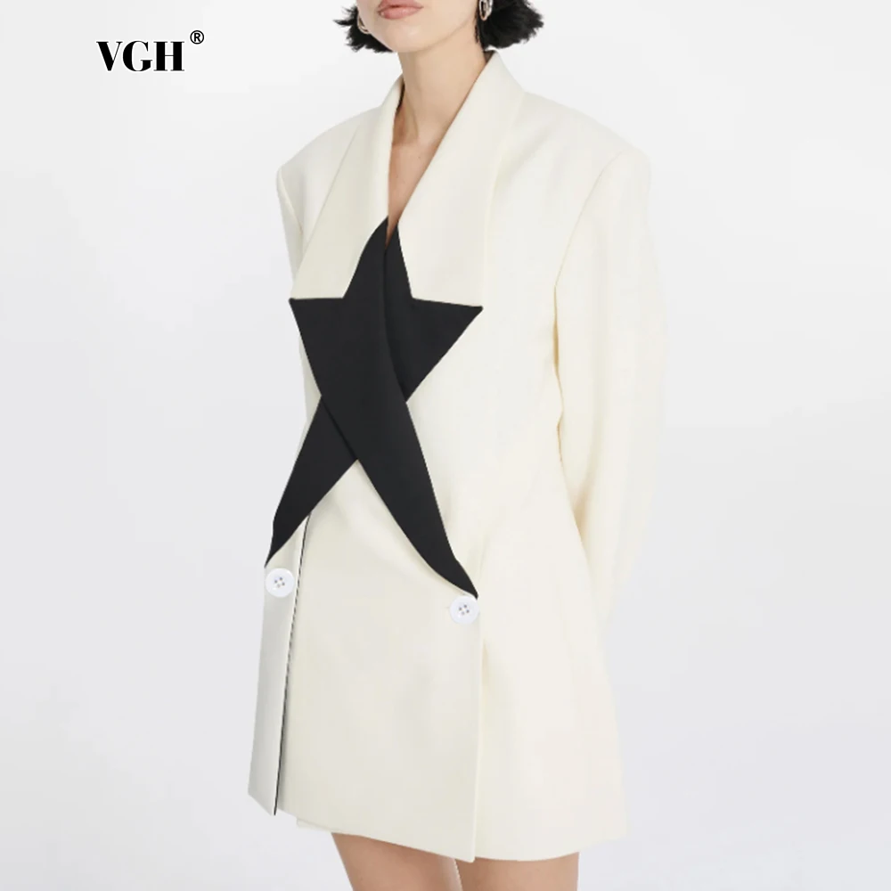 

VGH Loose Slimming Stars Pattern Blazers For Women Notched Collar Long Sleeve Spliced Button Temperament Coats Female Fashion
