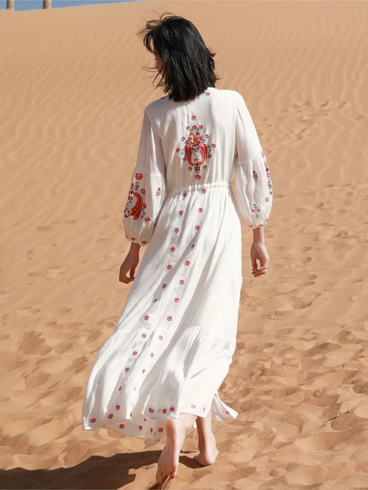 2023 Retro Floral Stickerei Maxi Kleid Taste V-ausschnitt Langarm Frühling Sommer Kleider Boho Strand Langes Kleid Frauen Vestidos