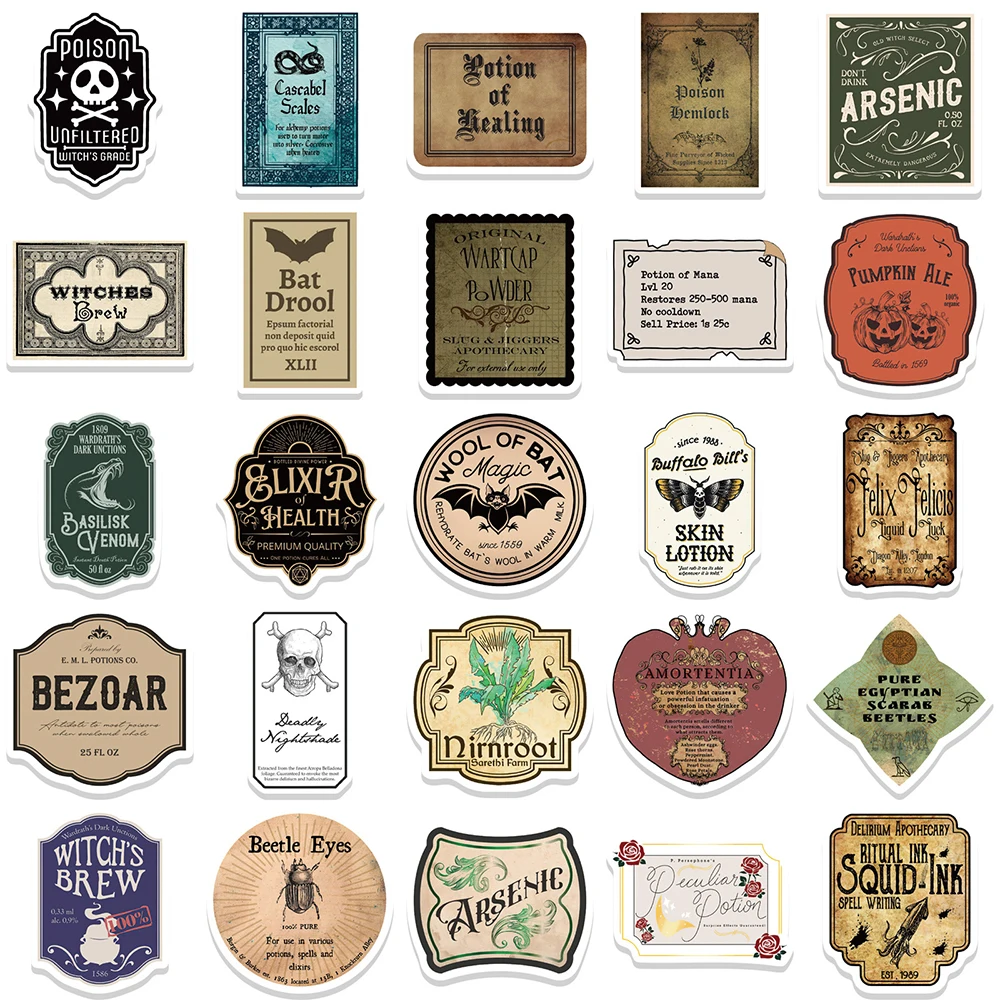 10/30/50pcs Funny Vintage Potion Label Graffiti Stickers Poster Skateboard Laptop Motorcycle Car Phone Waterproof Sticker Toy