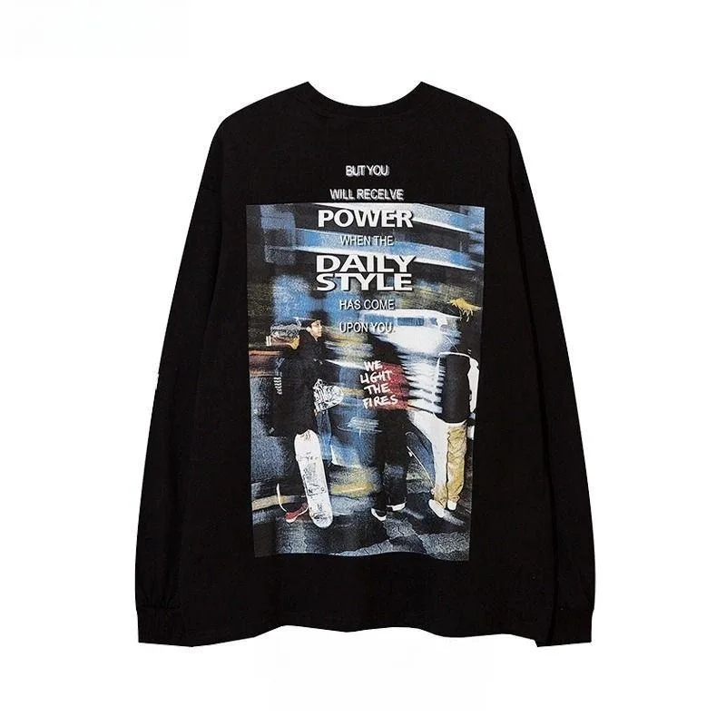 ZAZOMDE Cotton Hip Hop T Shirt Men Long Sleeve Street Fashion Loose Fit Big Graffiti Design O Neck For Street Dance Daily Wear