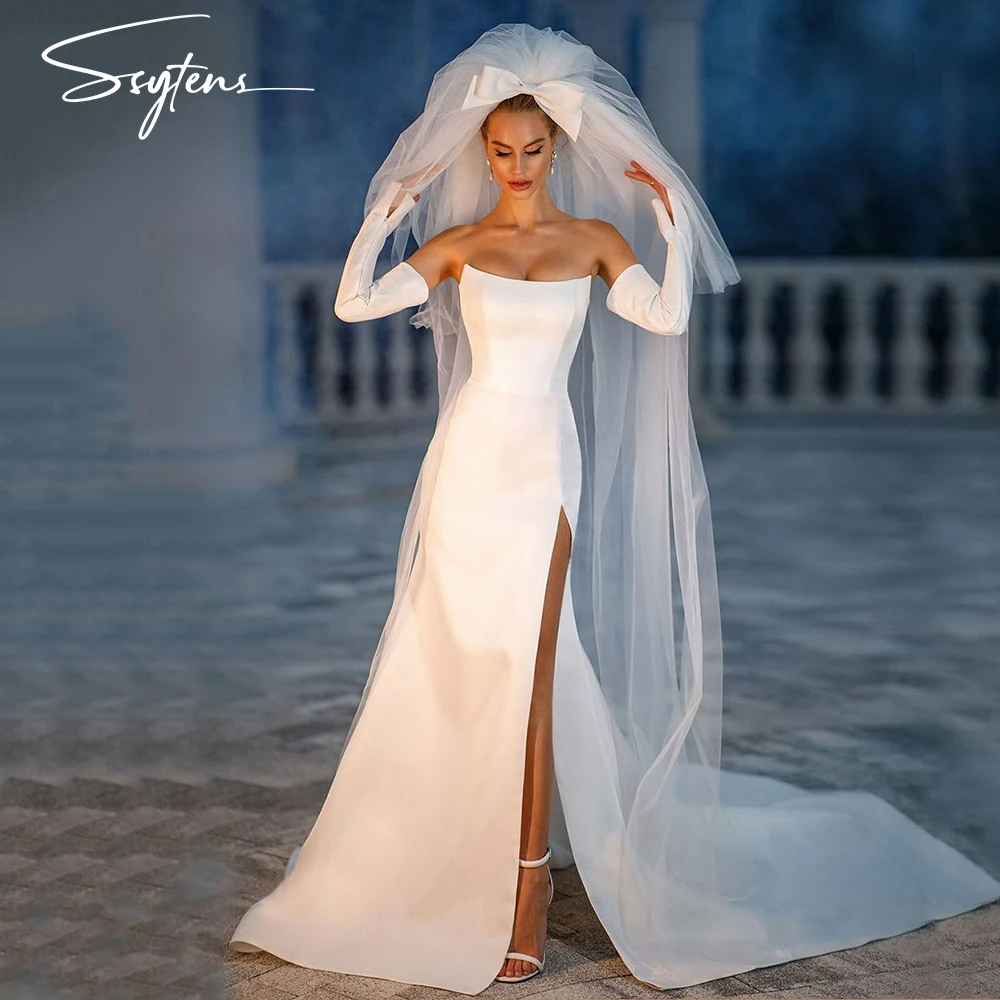 Elegante Meerjungfrau Brautkleider abnehmbare lange Ärmel 2024 Satin Schatz Seite geteilt Brautkleider Party kleid für die Hochzeit