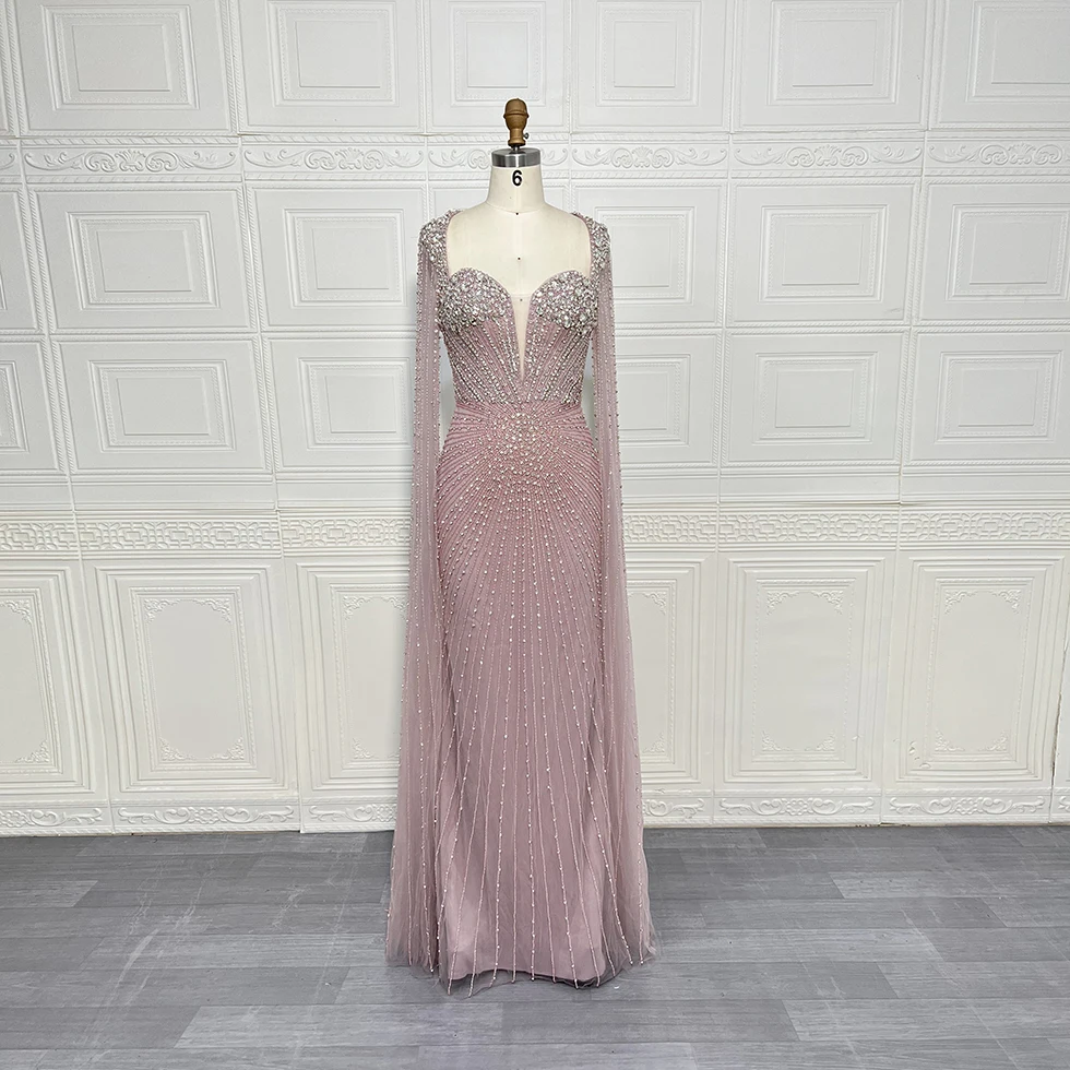 فستان سهرة فاخر مطرز بحورية البحر عاري دبي بأكمام كيب أنيق للنساء فساتين حفلات الزفاف العربية الوردية حسب الطلب