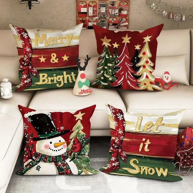 VIKAMA Buffalo Check Christmas Pillow Cover, Retro Red Truck, Moon, and Reindeer Slogan Print Sofa Cushion Cover, Home Decor