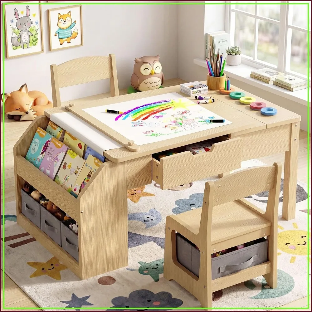 5-in-1 Nature Wood Kids Table and Chair Set Activity Learning Center