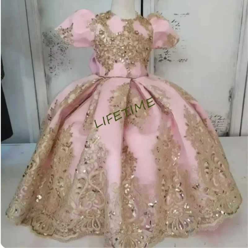Vestidos rosas de encaje champán con cuentas para niñas, ropa larga con lazo grande y cuello redondo, vestidos de fiesta para niñas, vestido de cumpleaños