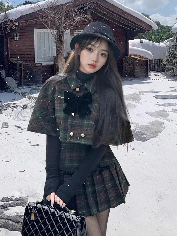 

Корейский шерстяной плащ Briti College Sle для женщин, зимняя новая клетчатая юбка Missy Set Long Sve на пуговицах, поли...