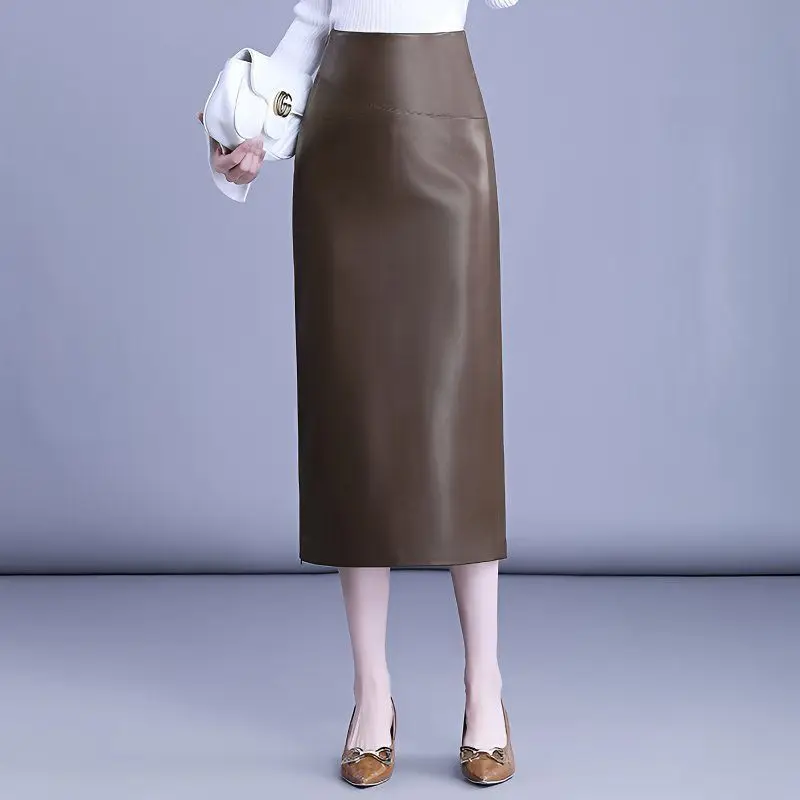 High Quality Faux Sheep Leather Skirts Women Spring Fall High Waist Long Skirt Office Lady Straight Split Soft PU Leather Skirts