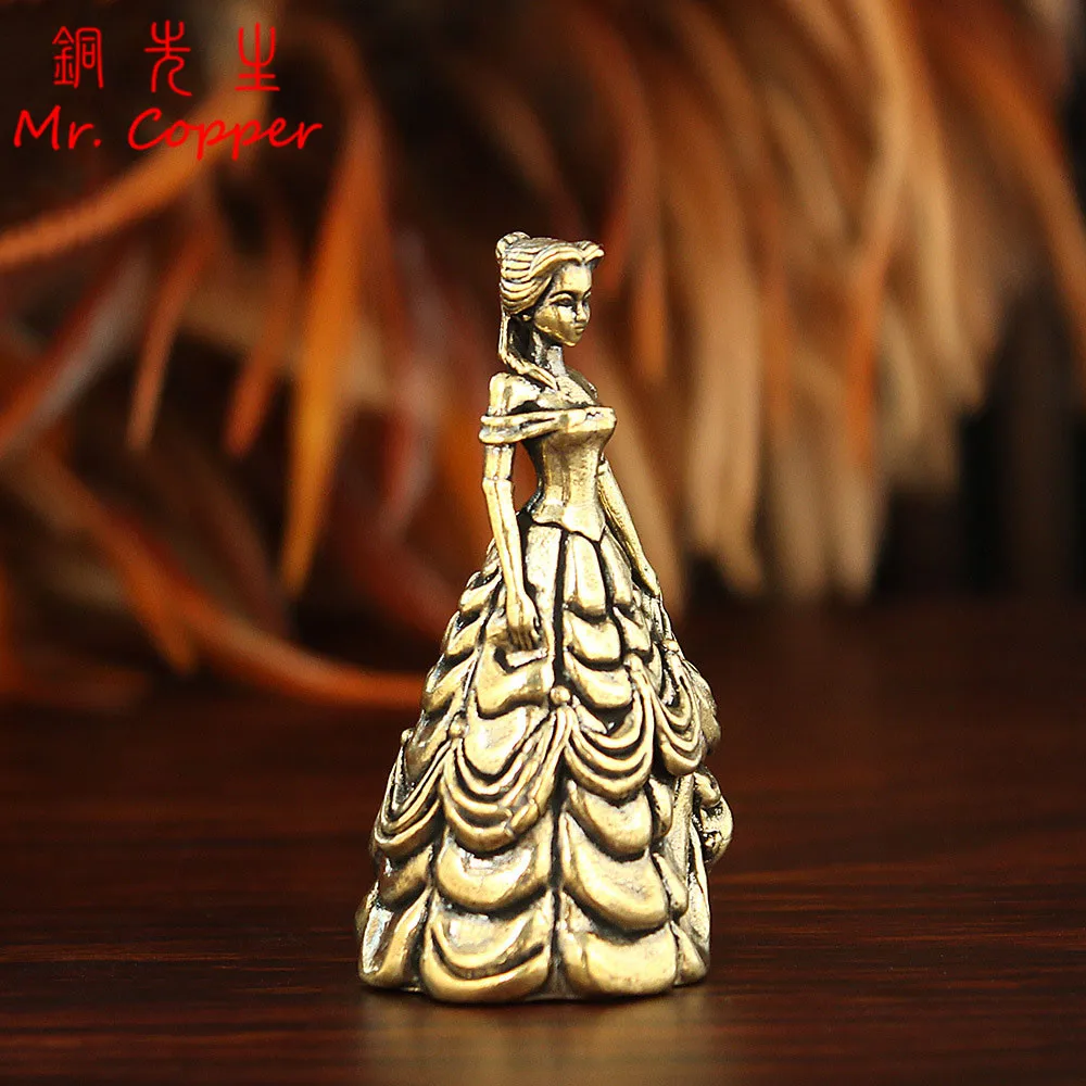 Brass Dress Princess Small Statue Desktop Ornaments Vintage Girl Figurines Model Beauty Home Decorations Crafts Accessories ﻿