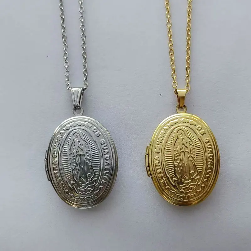 1Pc Big Virgin Mary Flower Oval Locket Stainless Steel Pendant Necklaces Charms Photo Frame Necklace Women Memory Making Jewelry