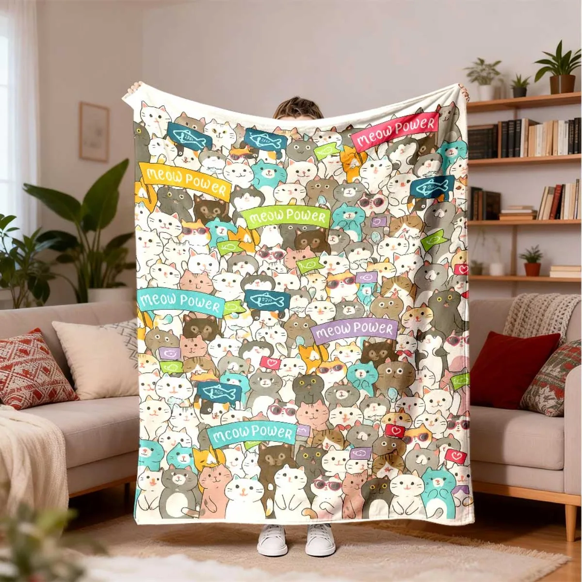 ute Cartoon Kitten Flannel Blanket, Meow Power Multi Breed Cat Sticker Pattern Lightweight Throw Blanket for Bed Couch Daily Use