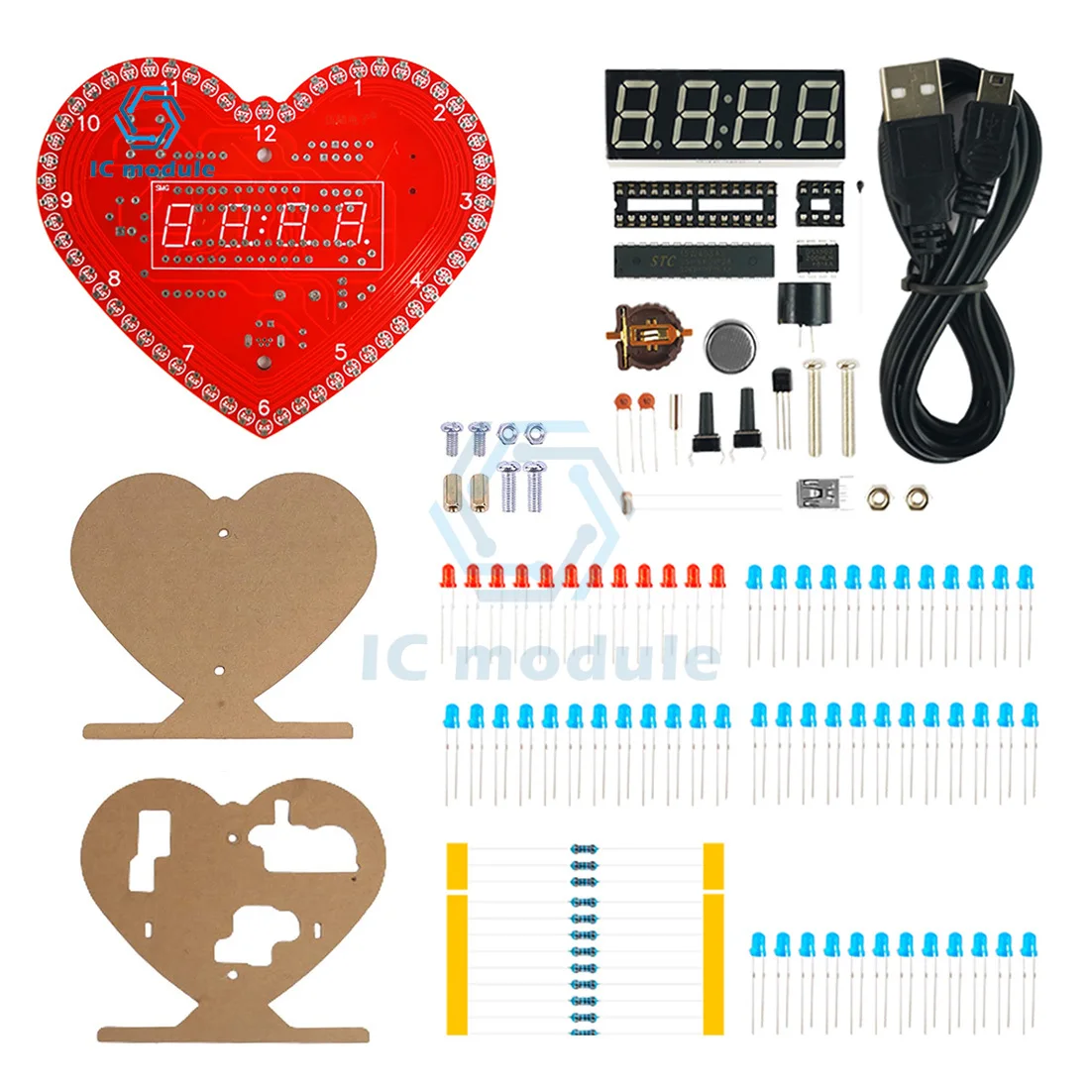 Coração DIY Shaped Relógio Kits com luzes LED, de 4 dígitos, SMD solda Prática Kit, projetos DIY para a Aprendizagem Eletrônica