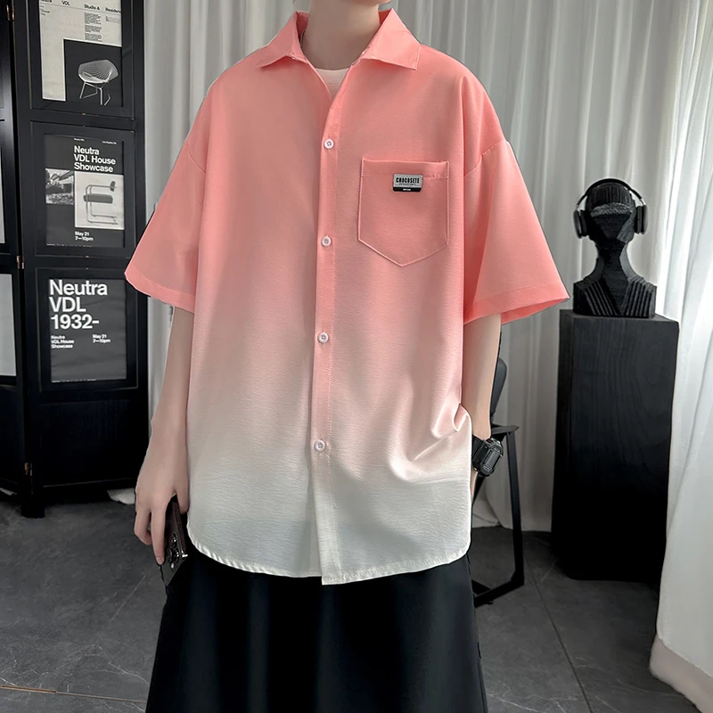 

Summer Short Sleeved Shirt Men Oversized Gradient Color Shirt Men Streetwear Korean Loose Casual Shirt Mens Ice Silk Shirts