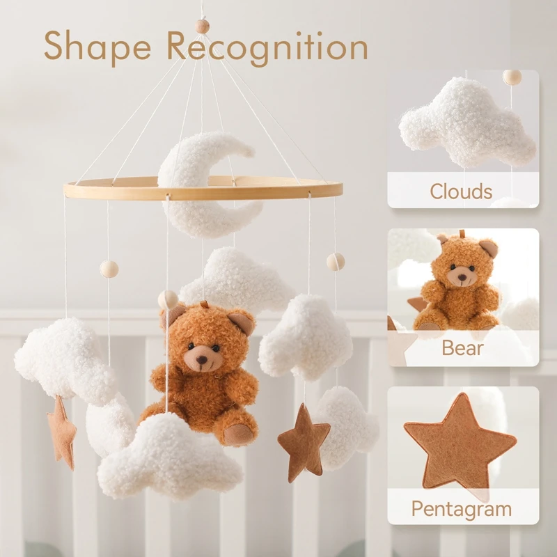 Baby Rattle Toys Soft Cartoon Bear Bed Bell Toys 0-12 Month Felt Wooden Mobile Newborn Music Box Holder Bracket Infant Crib Toys