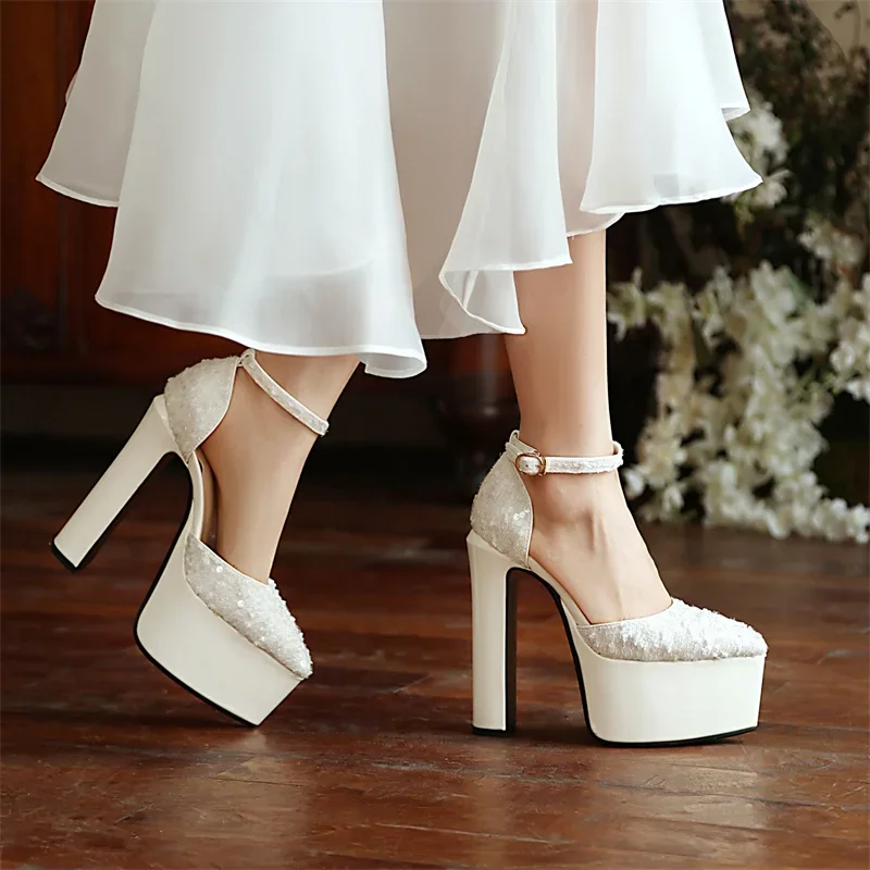 Summer 2024 Mature Sexy Pointed Toe Sequined Cloth Sandals Ladies Supper Stiletto High Heels Platform Club Party Women Shoes New