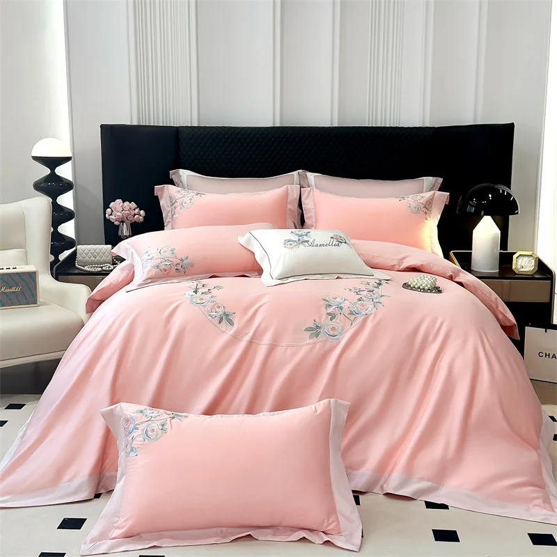 4Pcs Elegant Flowers Embroidery Bedding Set Natural Lyocell Cotton Soft Silky Duvet Cover Set Bed Sheet Fitted Sheet Pillowcases