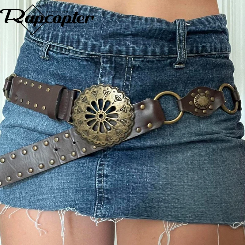 

Rapcopter Vintage Rivet Belt Metal Pu Leather Decorative Bohemian Sashes Streetwear All-Matched Fashion Beach Belt 90s Punk