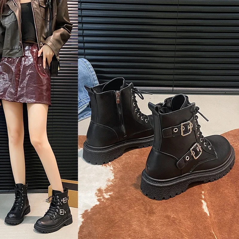 

Ankle Boots Square Heel Front Lacing Women New Rock Motorcyccle Boots Big Sizes Platform Women Shoes 2025 Black Zapatos De Mujer