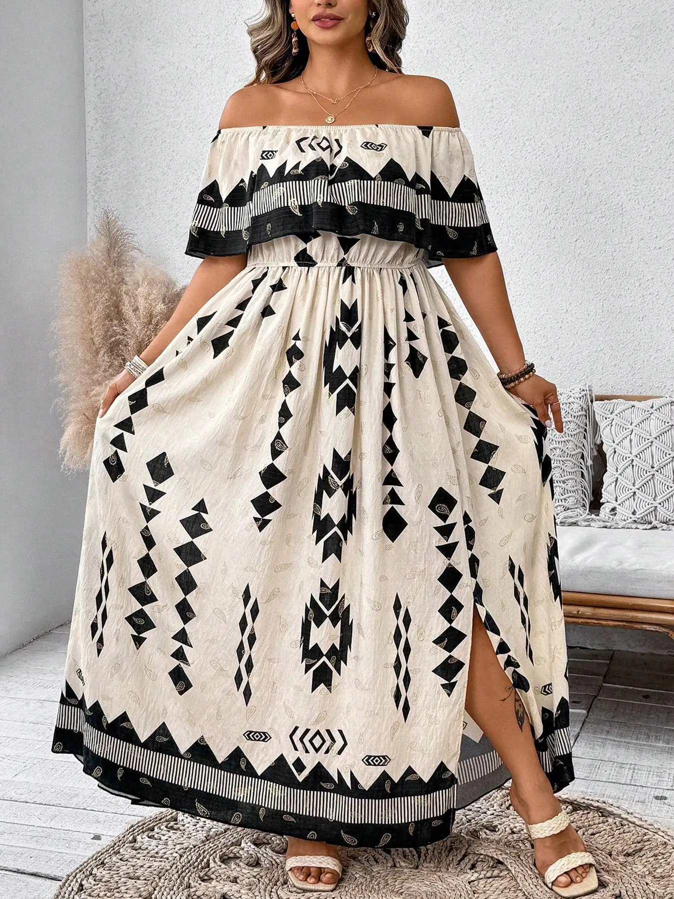 

【Plus Size】 Patchwork Print Off Shoulder Dress, Casual Fashion Long Sleeve Dress for Daily Outdoor Wear, Women Plus Clothing for