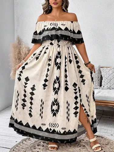 Imagen 1 del producto 【Tamaño grande】 Vestido con hombros descubiertos y estampado de almazuela, vestido informal de manga larga a la moda para uso diario al aire libre, ropa de mujer más para