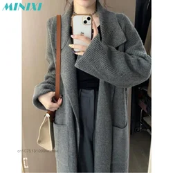 Women's Knitted Sweater Coat, Thickened Cardigan, Mid Length, Long Sleeve, Lace Up Coat with Jacket, Pocket, Autumn and Winter,