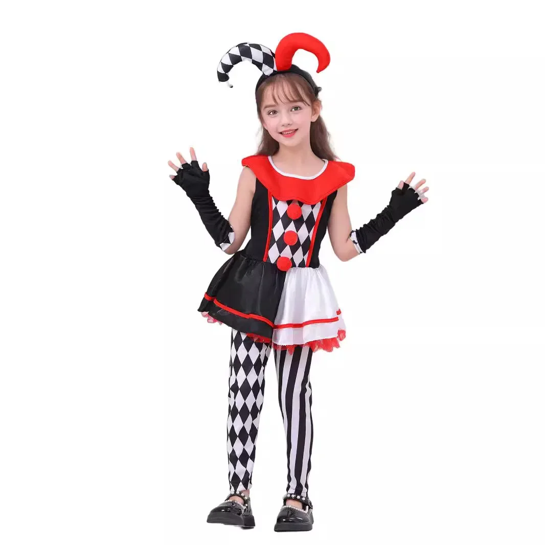 

Girls Poker Pattern Jester Clown Cosplay Dress Outfit Kids Halloween Carnival Party Costume