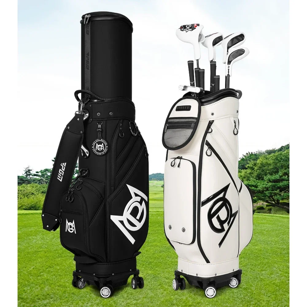 PGM Multi-Functional Golf Standard Ball Bags,Soft Leather Invert the Cue Aviation Pack,Large Capacity Stand Bag with Wheel QB153