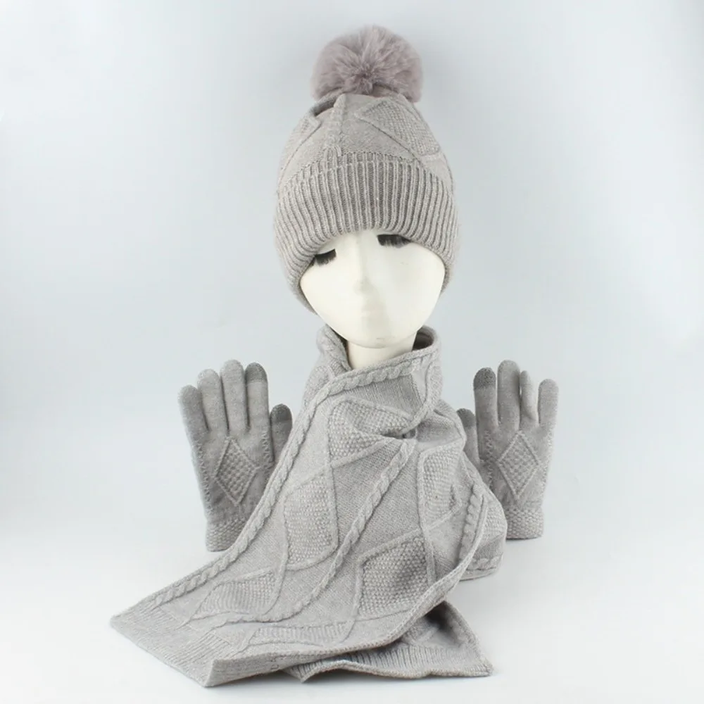 Versatile Elastic Scarf and Hat Set Touch Screen Warm Cold Proof Gloves Plush Ball Rhombus Patterned Pullover Cap Cycling