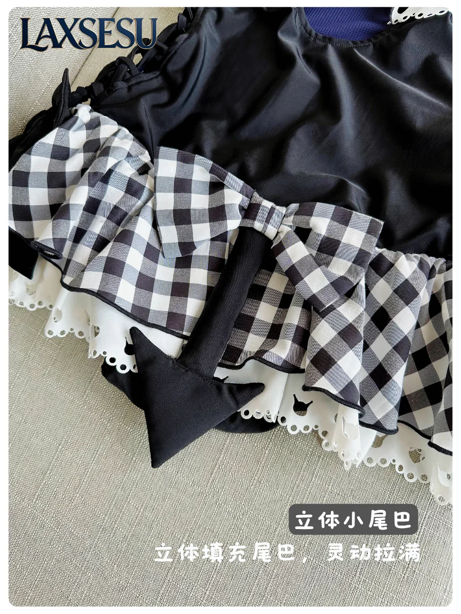 New Summer Japanese Kawaii Bikinis Set Black and White Lace Edge One-piece Swimsuit Y2K Girls' Swimwears Set for Women view 5