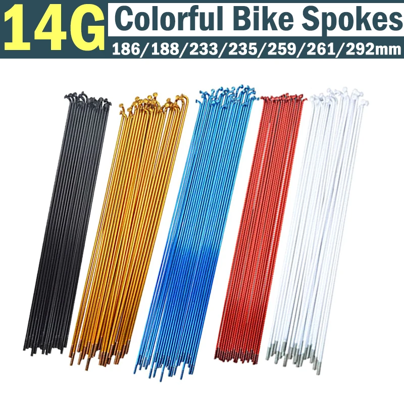 14G Bunte Mountainbike-Speichen mit Nippeln 36 Stück, Größe 186/188/233/235/259/261/292/294mm, Rot Blau Weiß Gold Fahrradrad