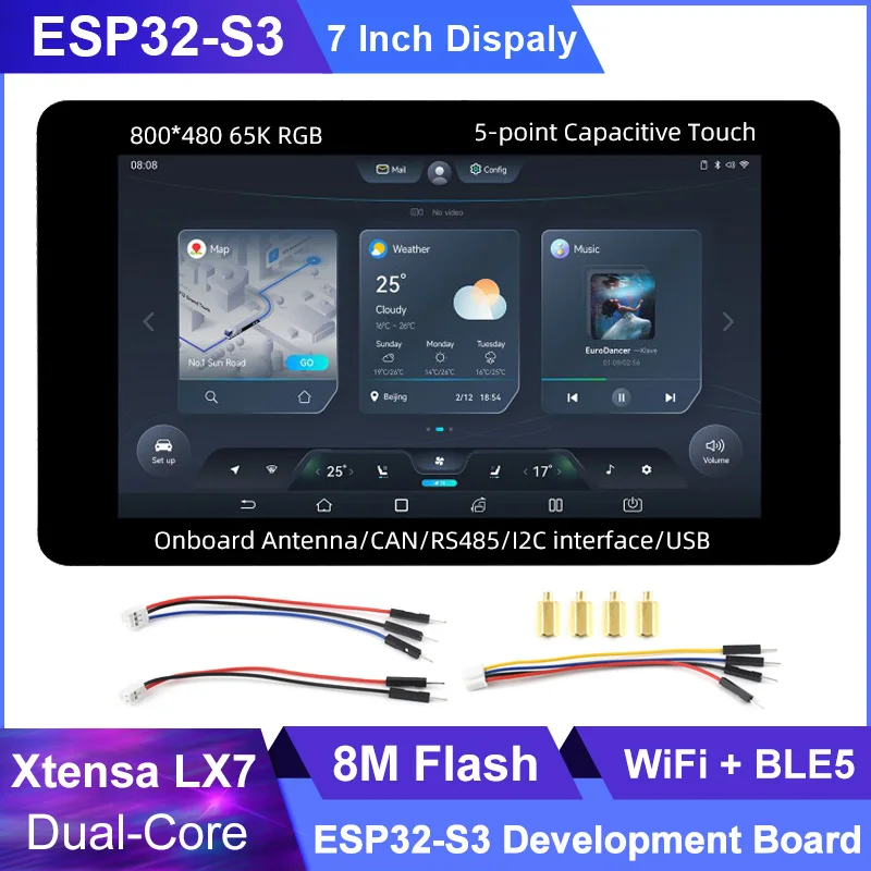 Placa de Desenvolvimento Touch Screen 800 × 480 Display Lx7 Processador Dual-core Flash 8m Wifi Bt5 Gui Lvgl Hmi Esp32 Esp32-s3