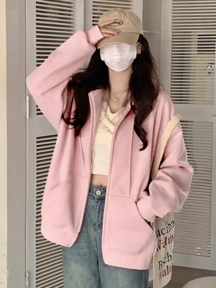 Pink Hooded Sweater Early Autumn Thin Coat Women's 2025 New Korean Wear Top Lazy Loose Cardigan Zip Up Hoodie