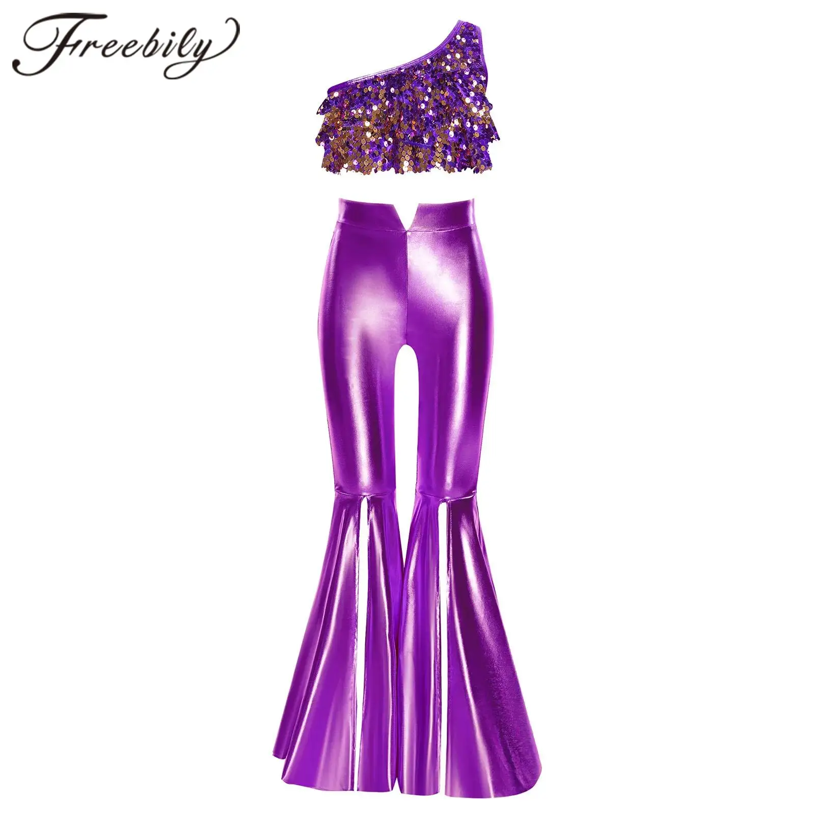Kids Sleeveless Crop Top + Bell-Bottom Metallic Pants Suits Girls 60s 70s Disco Dance Performance Outfit Shiny Sequins Costumes