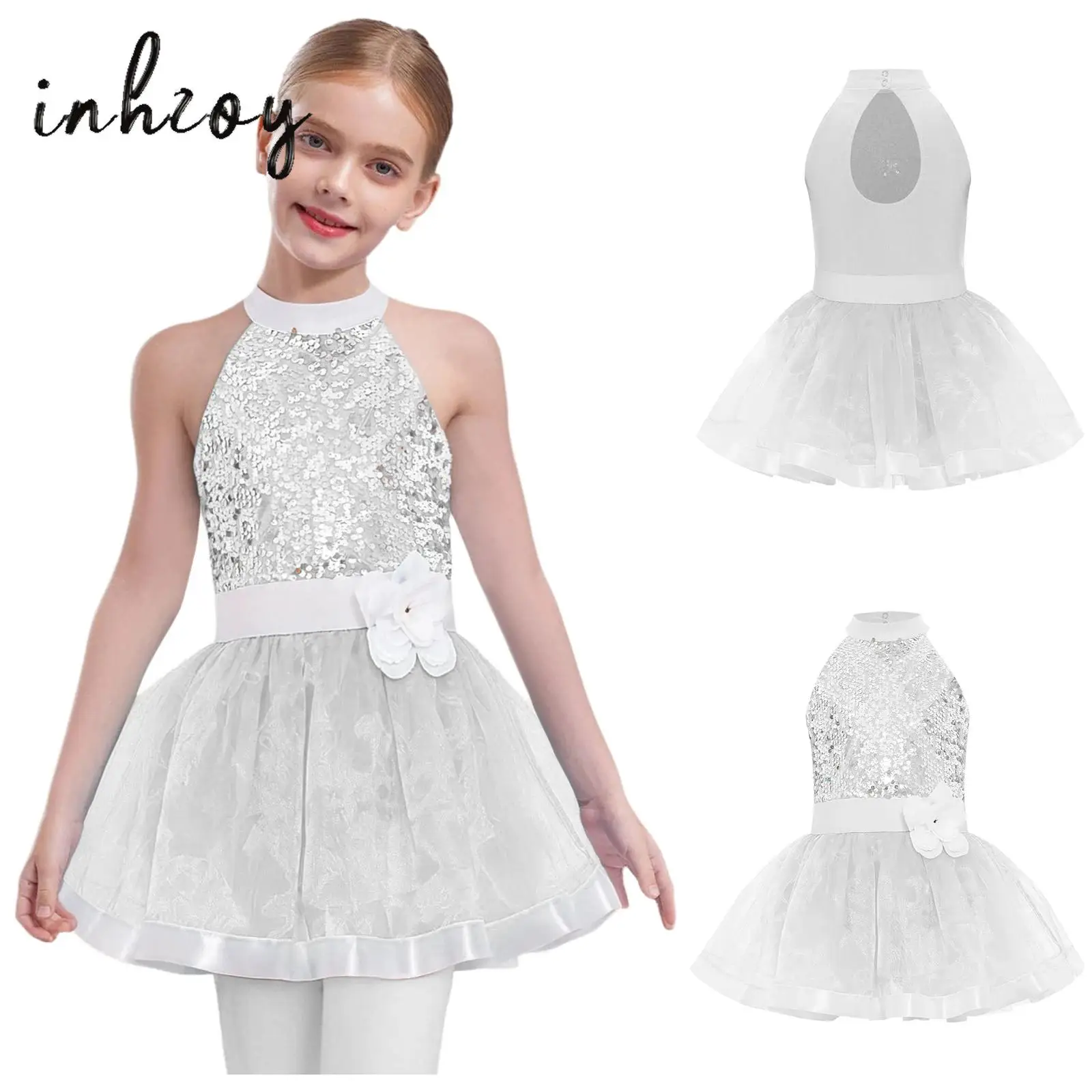 

Kids Girls Shiny Sequins Ballet Tulle Dresses Sleeveless Cutout Back Tutu Dress with Built-in Briefs for Stage Dance Performance