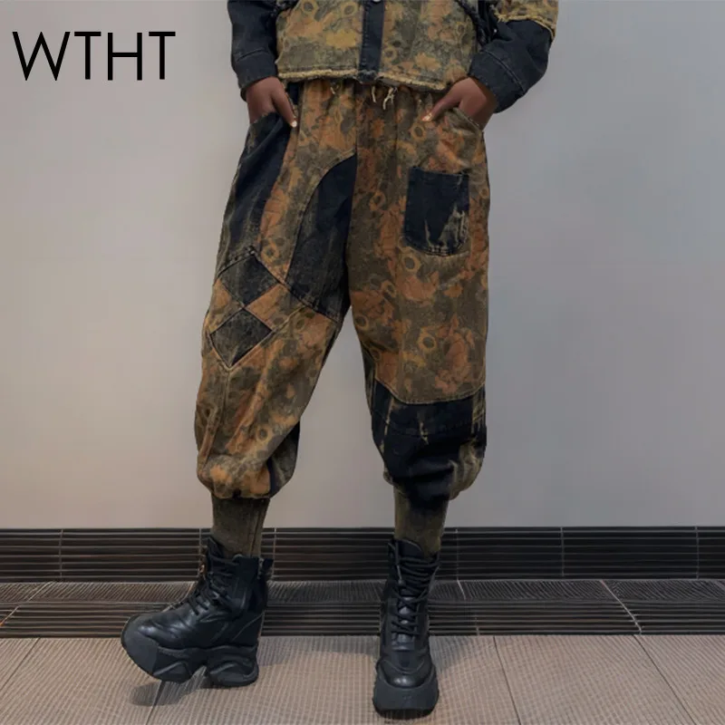 

WTHT Trendy Women's Irregular Spliced Print Denim Pants Vintage High-waisted Loose Harem Jeans Female 2025 Summer 1LS1426