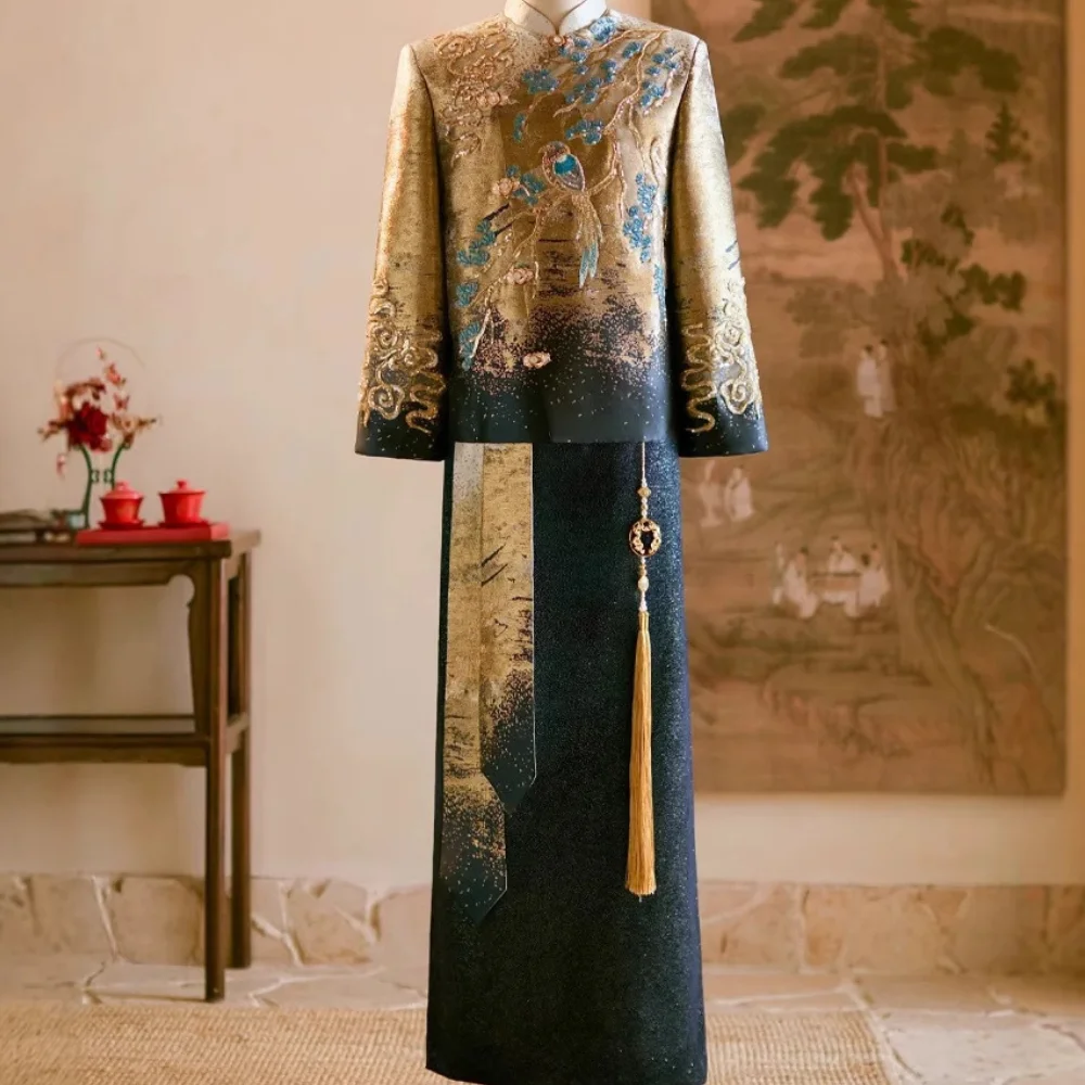 

Plus Size Chinese Style Groom Wedding Tang Suit Luxury Sequins Embroider Tang Clothes Tradition Mandarin Collar Jacket Set 4XL