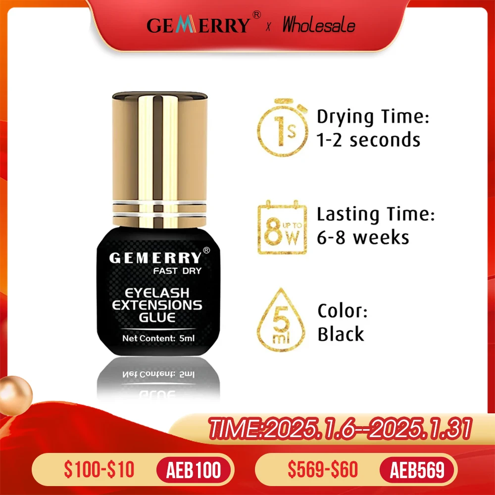 GEMERRY 5/10ML Fast Drying Eyelash Extension Glue Black lash Glue Strong Adhesive for False Eyelashes Retention 3-6 Months