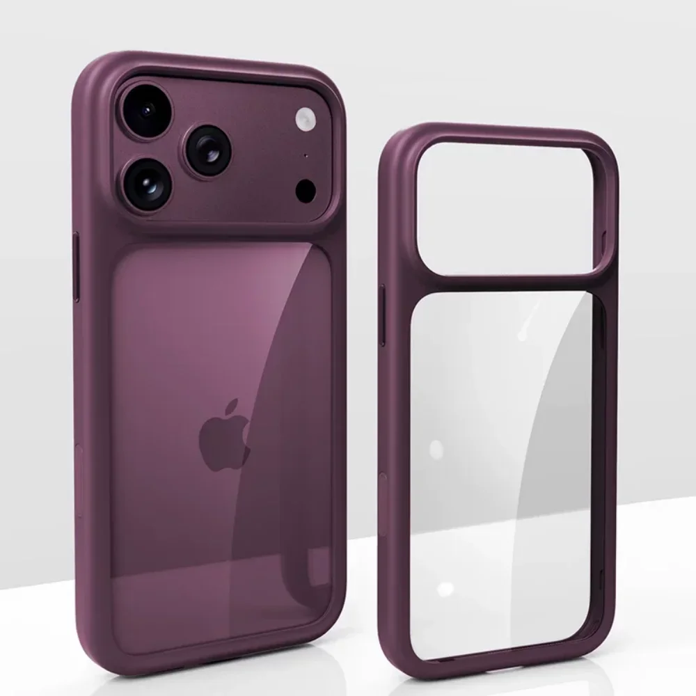 Luxury Burgundy Clear Phone Case For iPhone 17 18 Pro Max 17 18Pro Metal Buttons Skin Feel AI Touch Shockproof Protective Cover