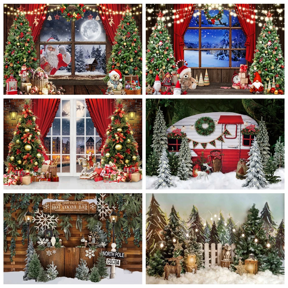 

Christmas Backdrop for Photography Fireplace Window Xmas Tree Gifts Toys Santa Kids Portrait Family Party Photocall Background