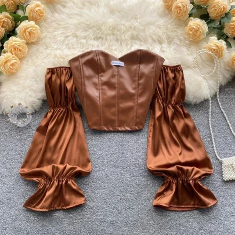 2024 Korean Fashion Pu Leather Blouse Woman Strapless Slash Neck Long Pleated Puff Sleeve Blouses Women Back Zipper Top