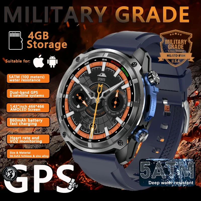 

Умные часы DTG1 Ultra GPS NFC с защитой от воды 5ATM, встроенным двухдиапазонным GNSS, компасом, военные спортивные смарт-часы для мужчин, новинка 2025 года для iOS, 4 ГБ