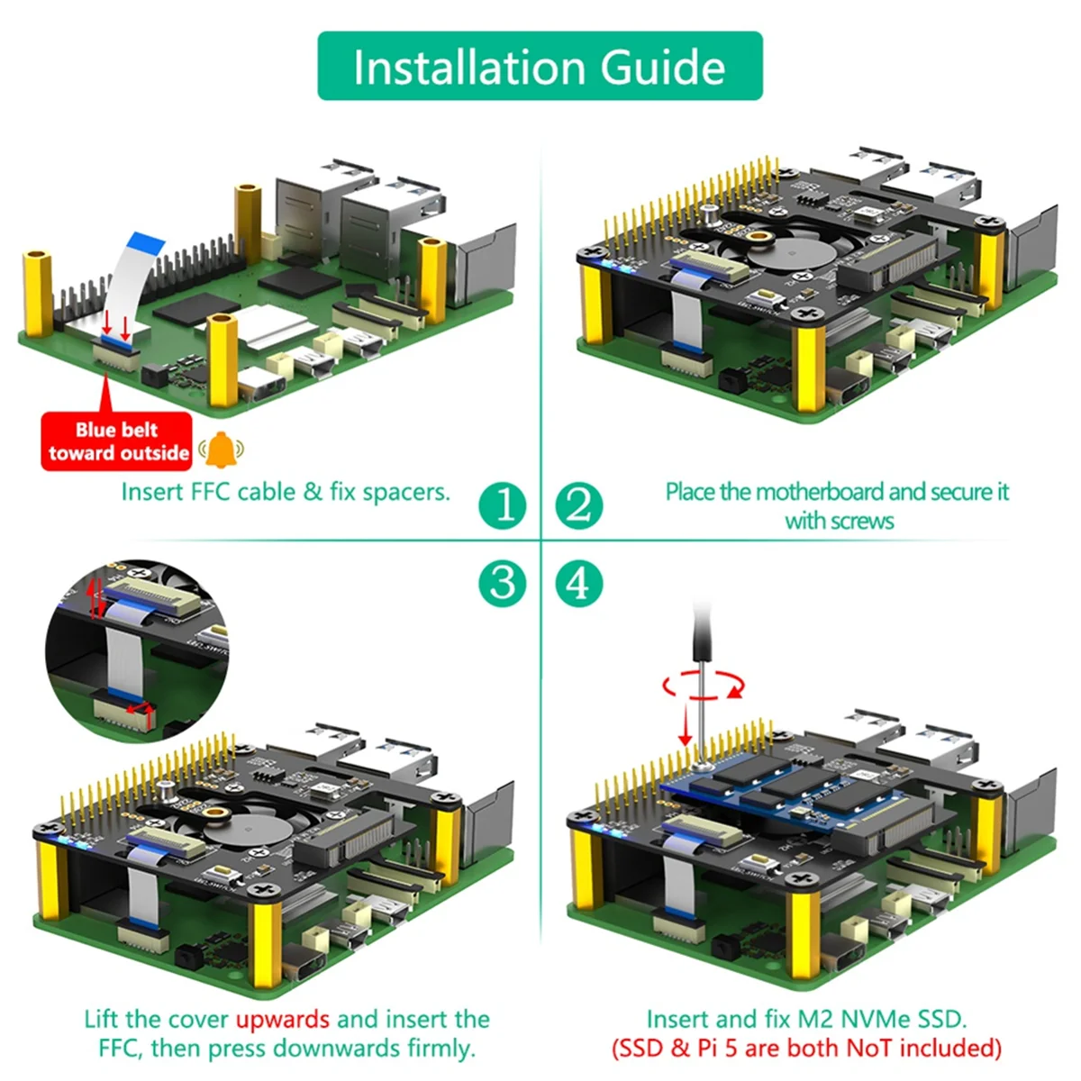 

IYBBW-адаптер для Raspberry Pi 5 M.2 NVME-PCIe поддерживает SSD M2 2230 2242 M Key NVME с кулером, автоматическое обесцвечивание светодиодов