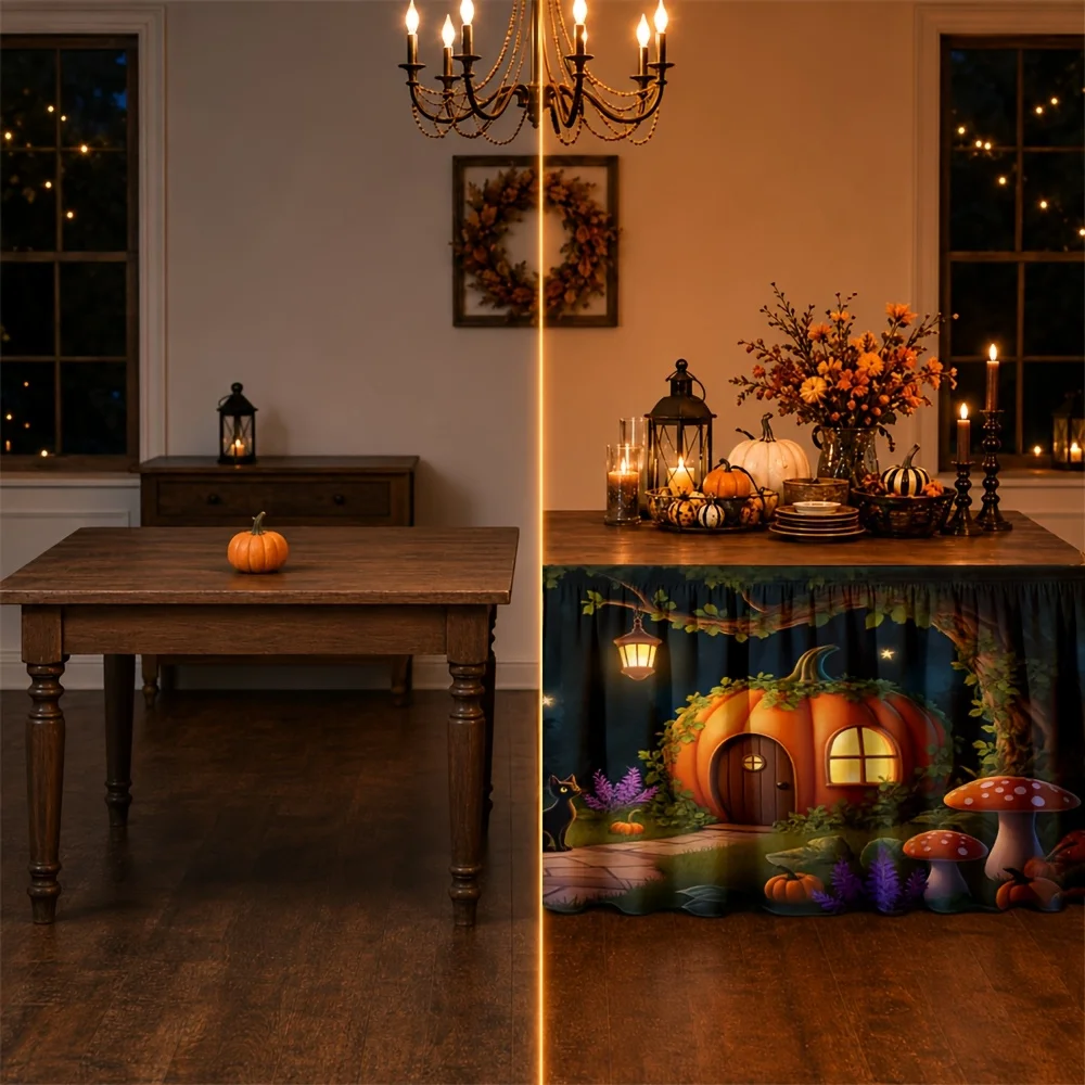 Tablecloth Fantasy Forest, Pumpkin Hut, Cat Night Lamp, Mushroom Accent, Halloween Atmosphere, Autumn Nightxzj