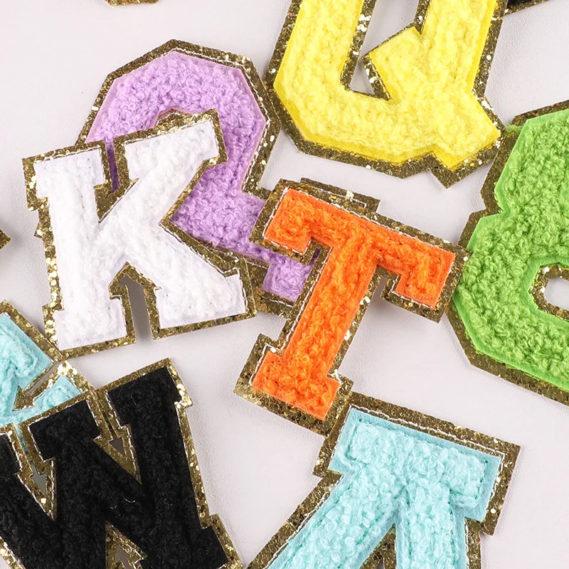 5pcs Self Adhesive Letter Patches Giltter Chenille Stick-on Alphabet Patch 26 Towel Embroidered Sequins Felt ABC for DIY 5.5cm