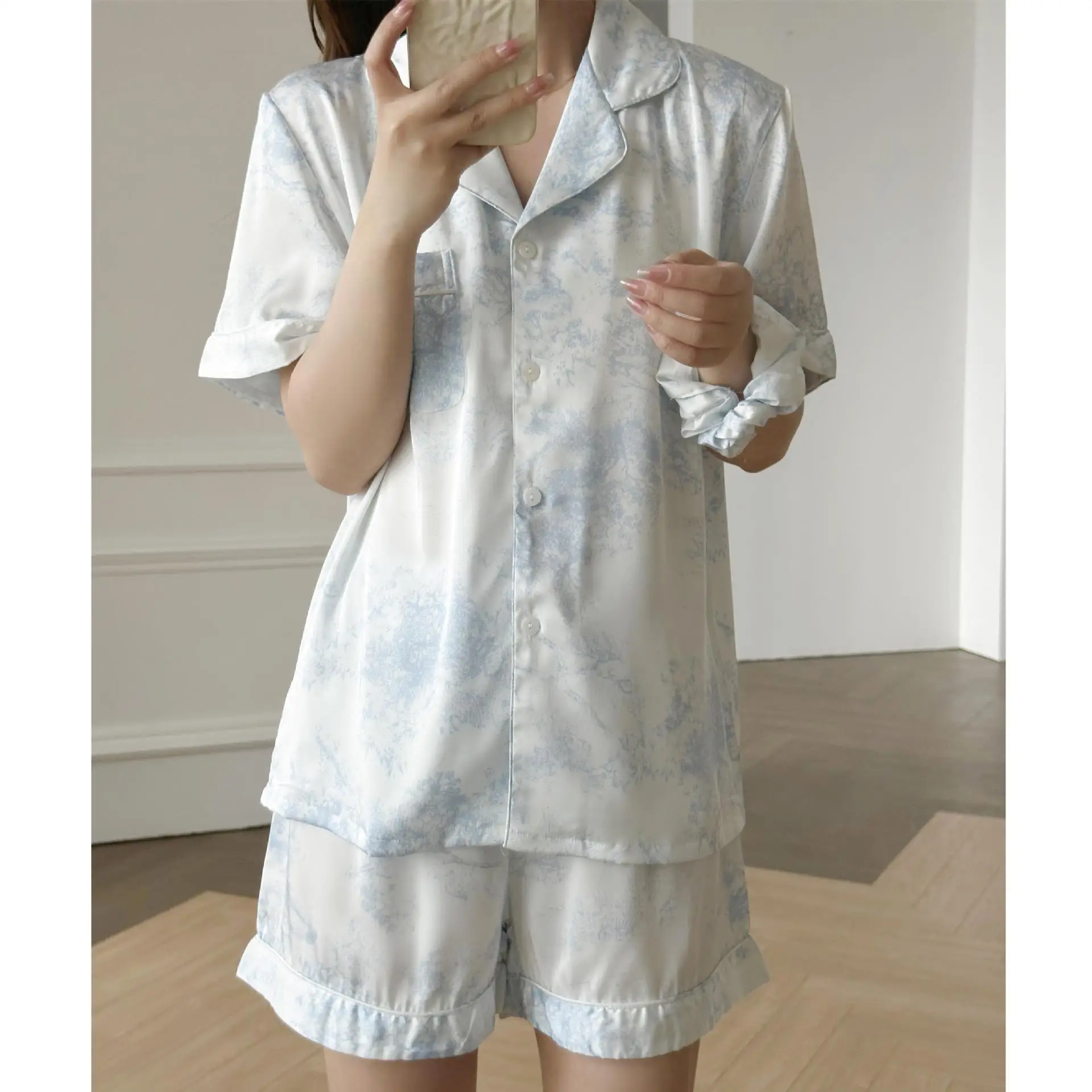 2Pcs Pajamas Luxury Print Nightwear Women Short Sleeve Shirt&shorts Suit Spring Autumn Ice Silk Home Clothes Loose Nightwear