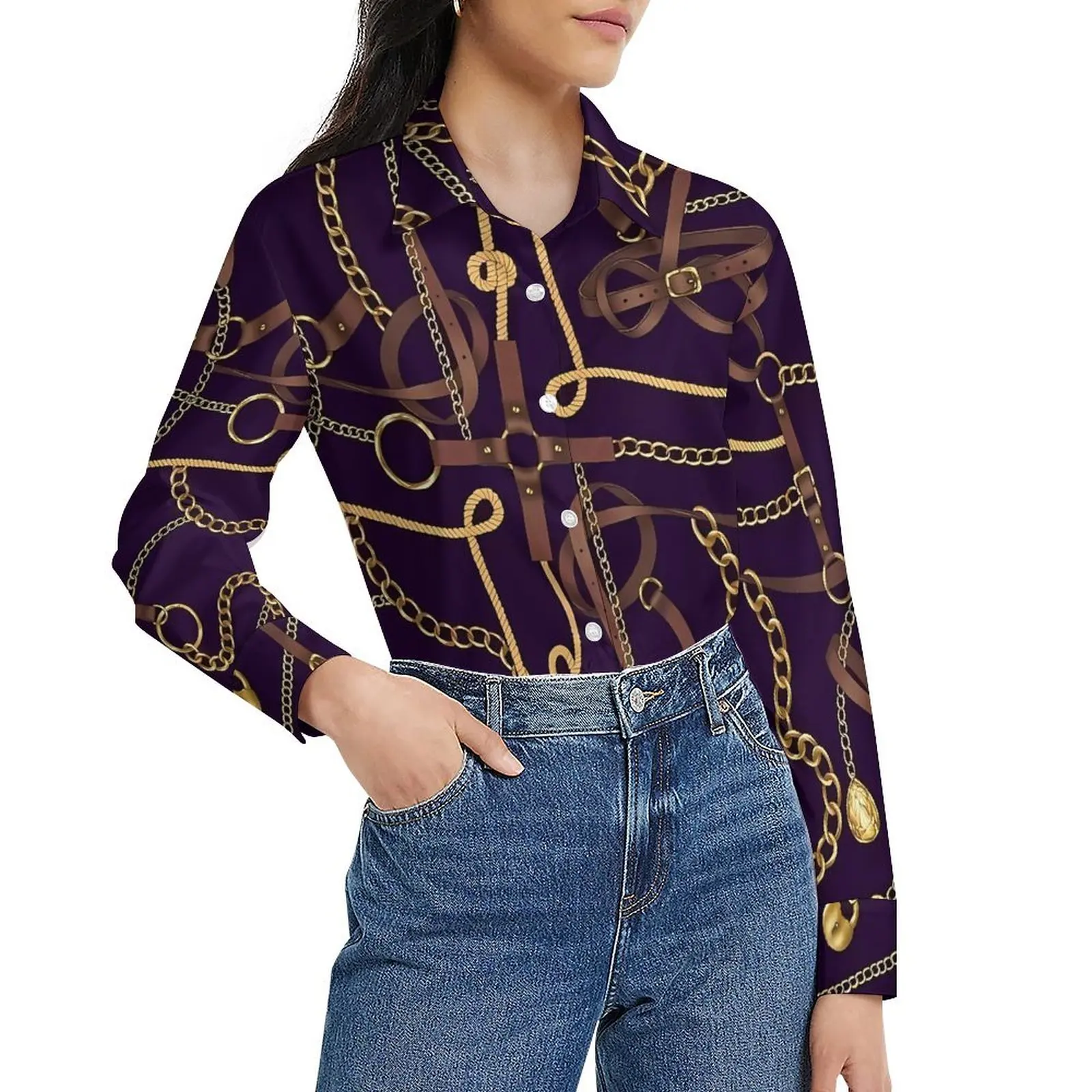 

Jewelry Chains Blouse Women Belts Print Casual Loose Blouses Long-Sleeve Elegant Shirt Design Top Big Size