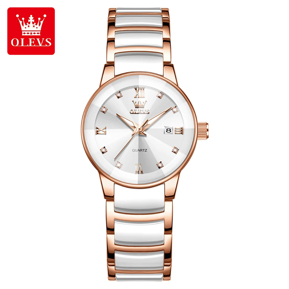 OLEVS Woman Watch Fashion Rhombus Mirror Ceramic Strap Original Quartz Watches for Women Waterproof Elegant Ladies Watches 7114