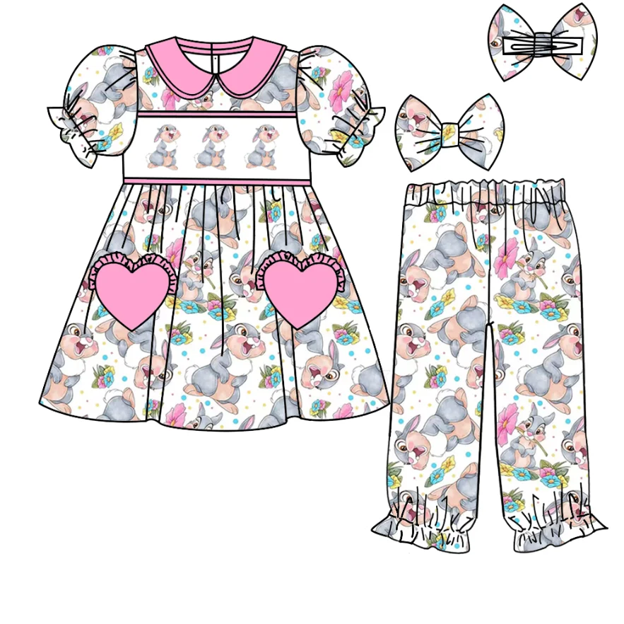 Fashion Kids Easter Outfit Lapel Collar Stretchy Cartoon Bunny Print Ruffled Casual Boys and Girls Child Pajama Set